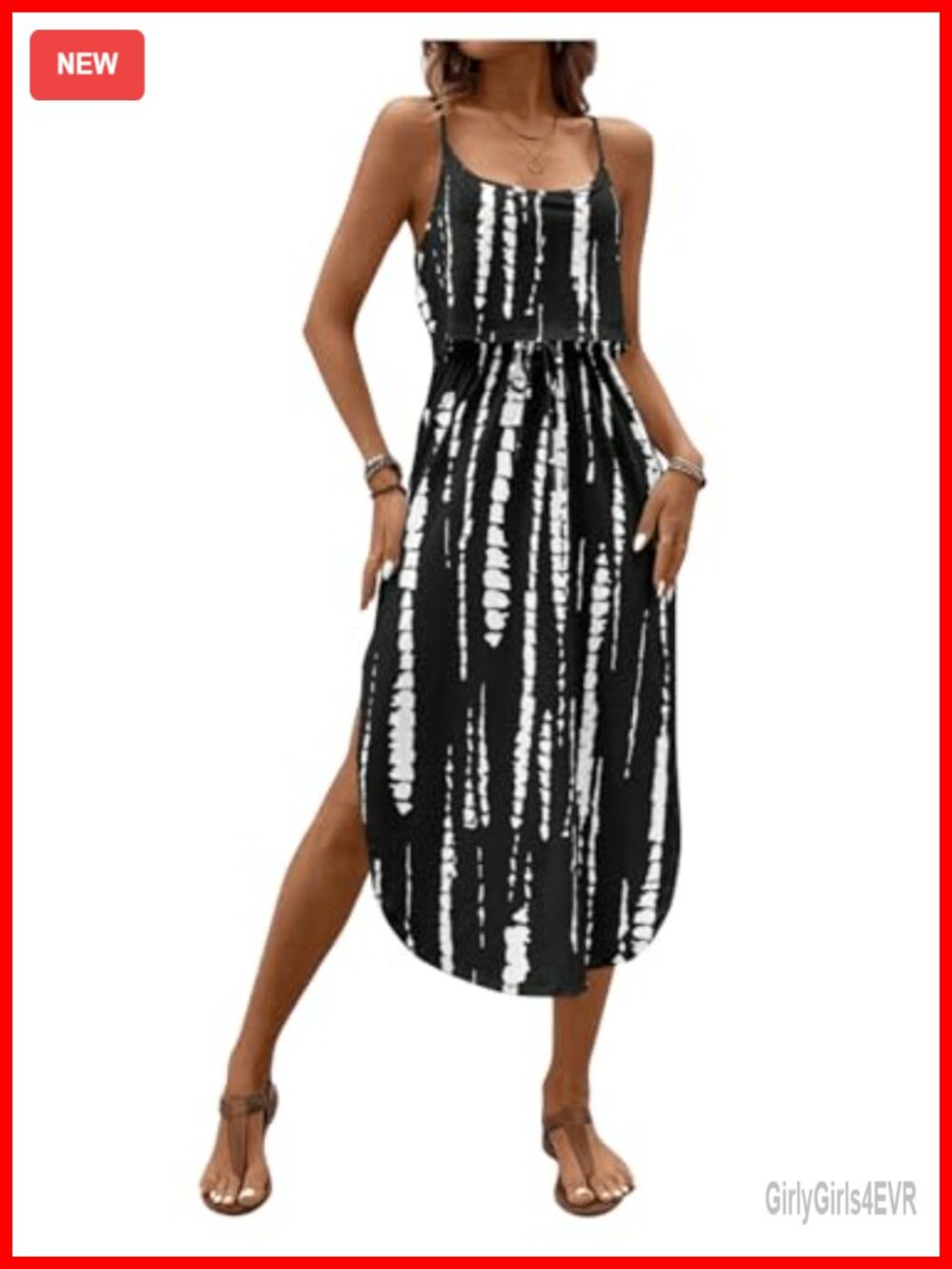 Tie Dye Spaghetti Strap Tank Sundress High Waist Split Midi Dress